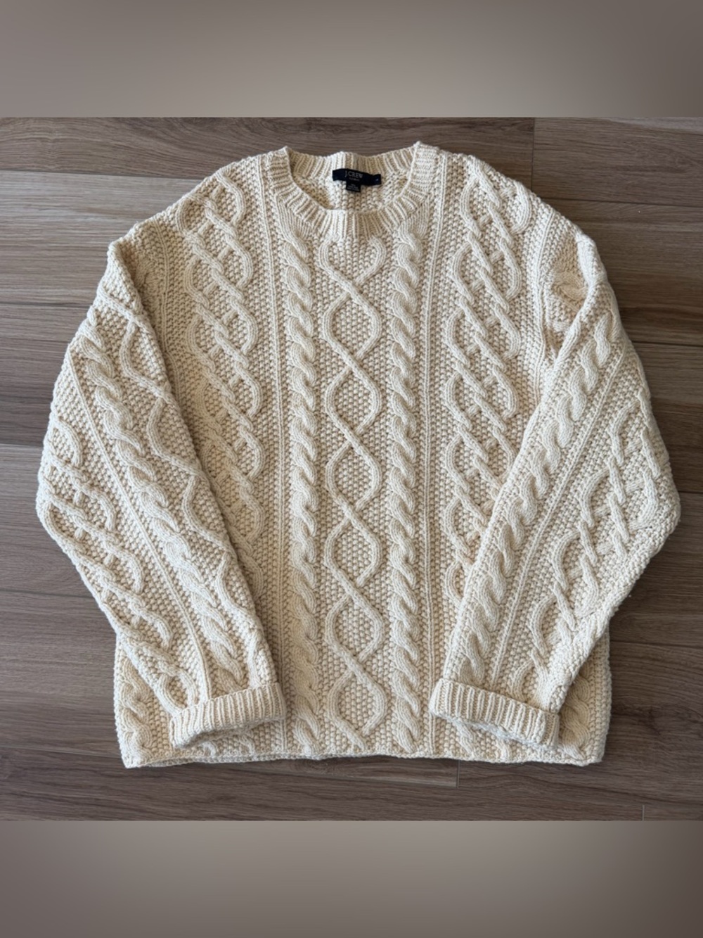J Crew Lambs Wool Cable Knit Crewneck Cream Sweater